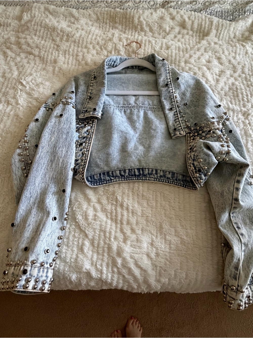 Studded Light Wash Cropped Denim Jacket - Women
